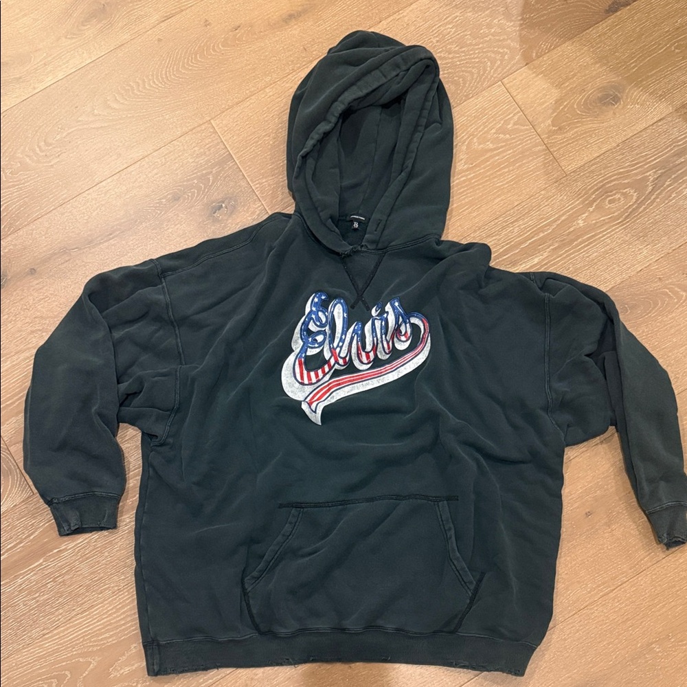R13 Designer Elvis Flag Logo Hoodie L | Oversized Distressed Vintage Wash